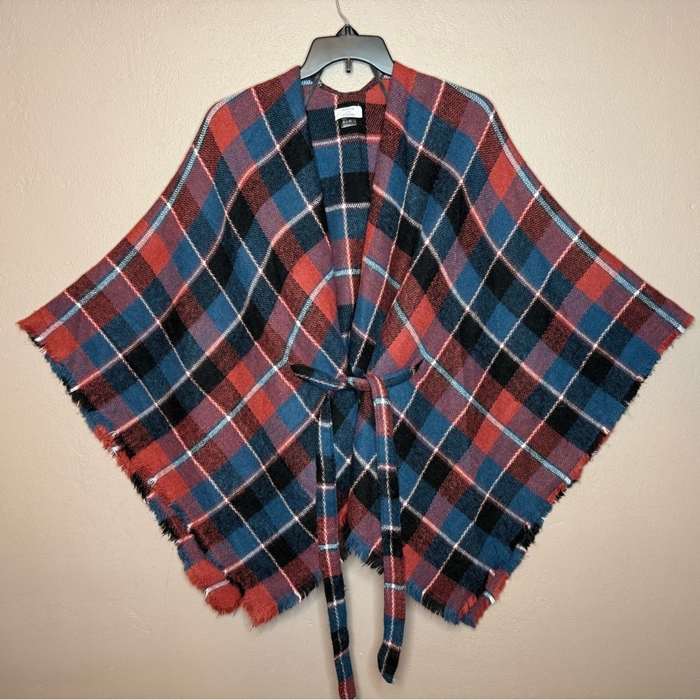 David & Young Ruana Plaid Poncho in Red & Blue Tartan Plaid Tie Waist Fringe OS